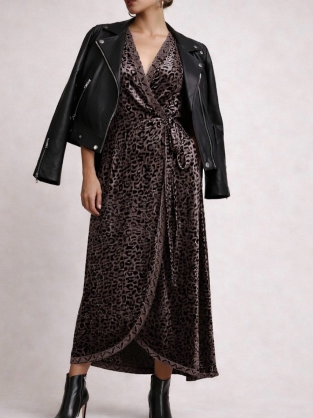 Leopard Print Velvet Wrap Midi Dress - Chocolate Brown